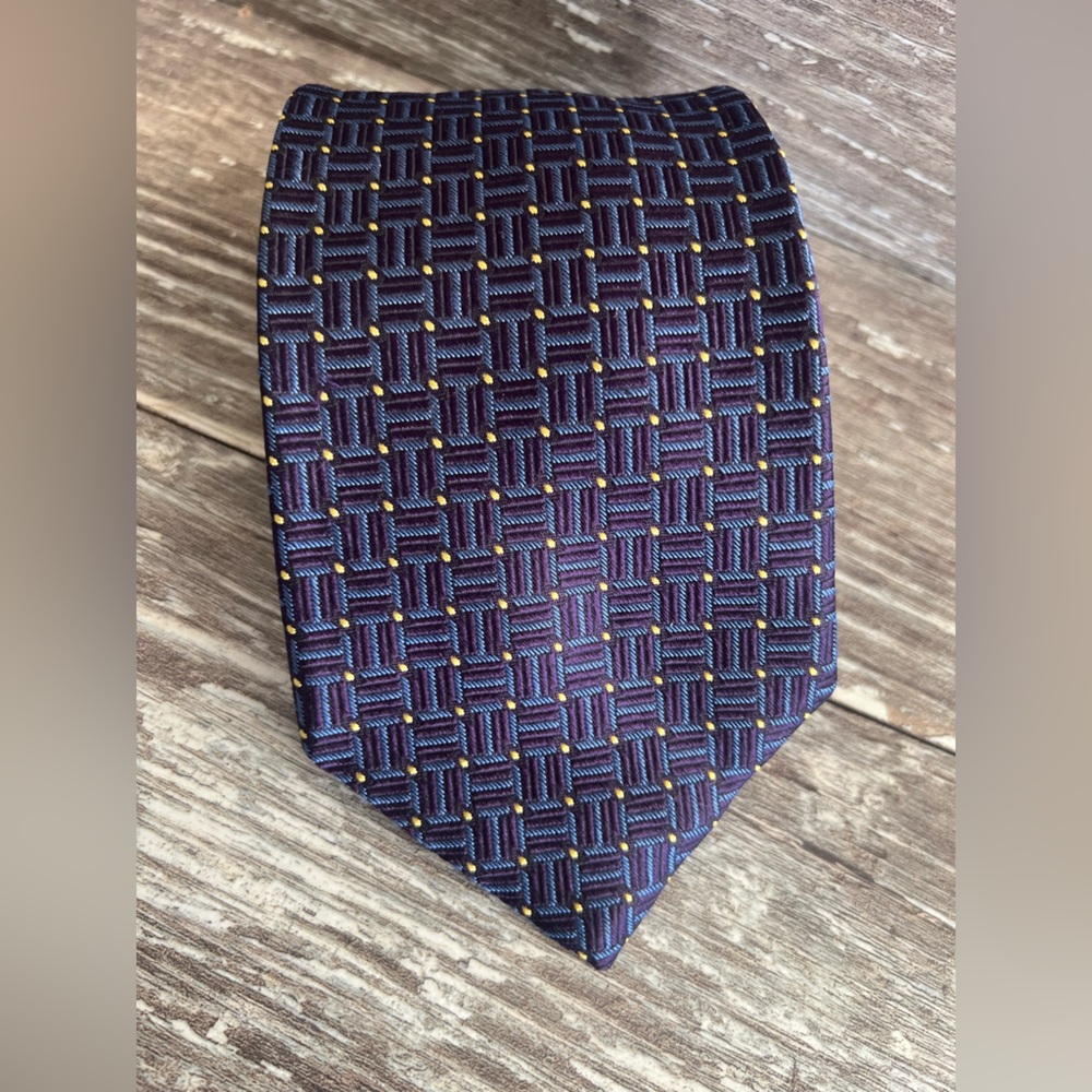 Brooks Brothers Makers Men’s Formal Blue and Gold Geometric Pattern Tie‎ Vintage